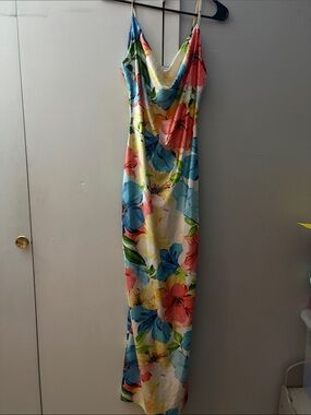 iris Colorblock Tropical Slip Dress in Blue, Yellow & Pink